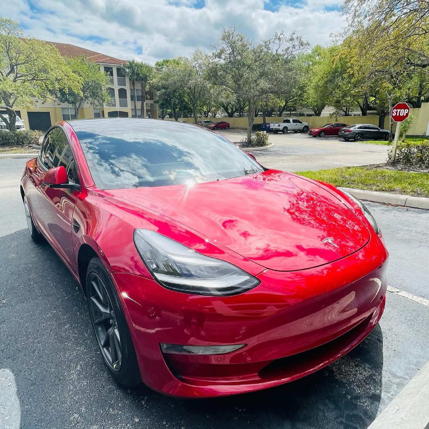 Tesla Model 3, red, front