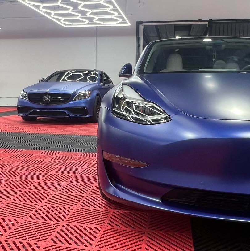 Model 3 in satin blue, rear