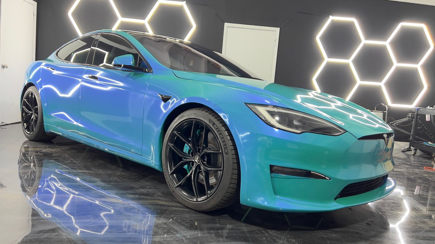 Tesla Model S Plaid - Teal Color-Shift Wrap protected at Elite Premium Detailing