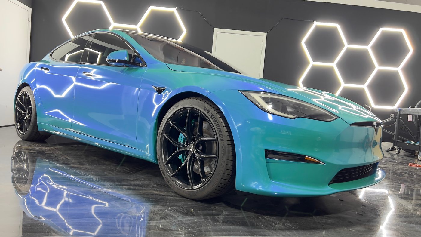 Tesla Model S Plaid wrapped in a teal color shift film